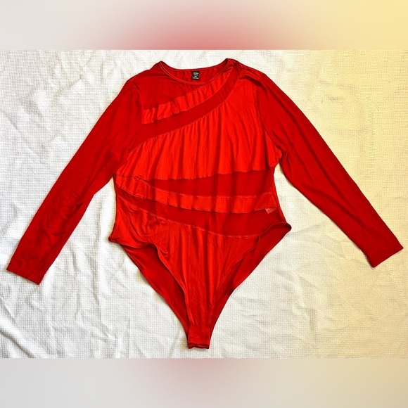 SHEIN Tops - SHEIN Curve Plus Size Red Long Sleeve Sheer Mesh Splicing Bodysuit Women’s 3XL